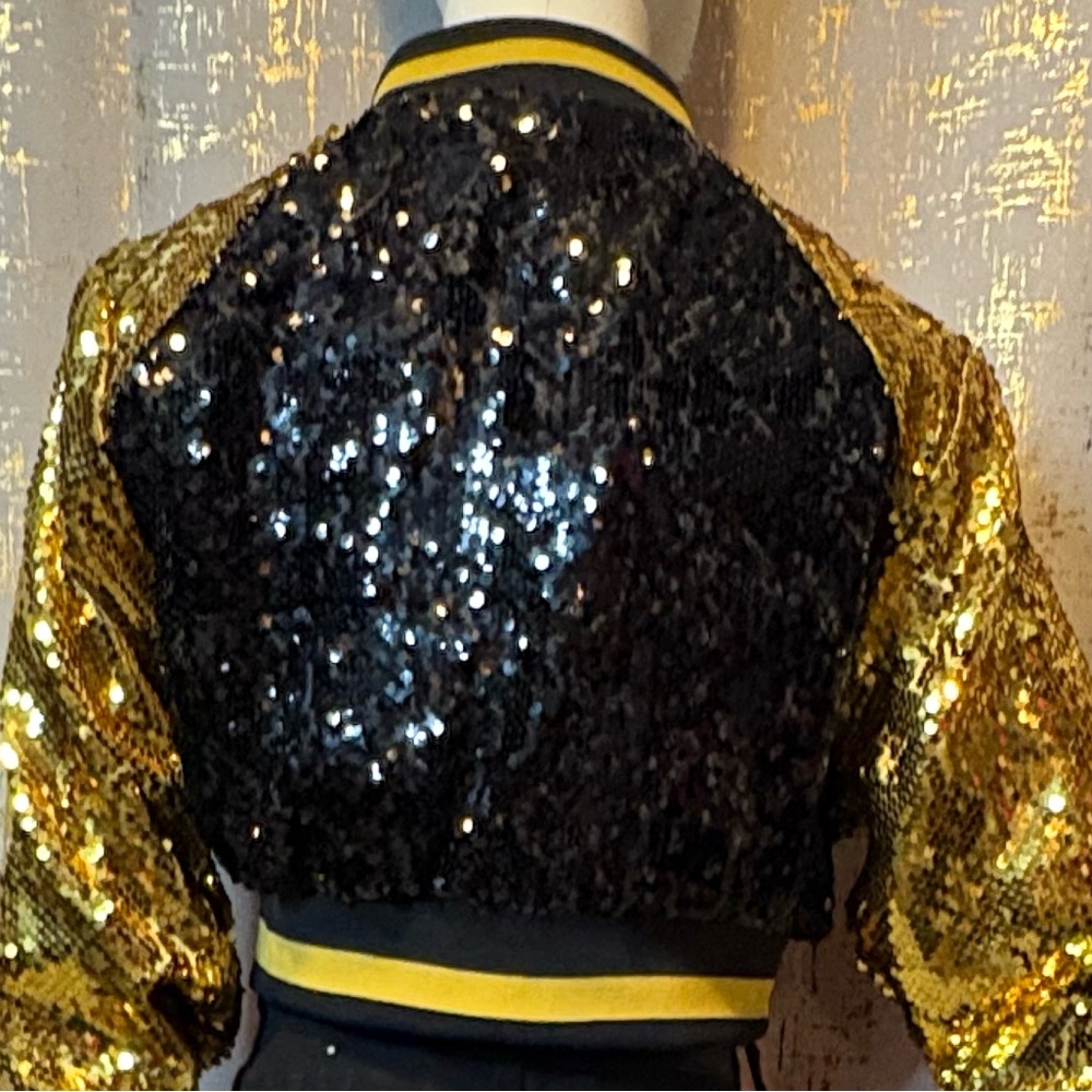 Sequin Bomber Jacket in Black and Gold - Picture 3 of 6